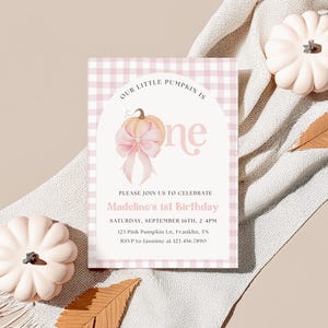 Pink Bow Our little pumpkin Invite, Our little pumpkin is turning one, fall first birthday girl, gingham autumn 1st party invitation Plaid image 3
