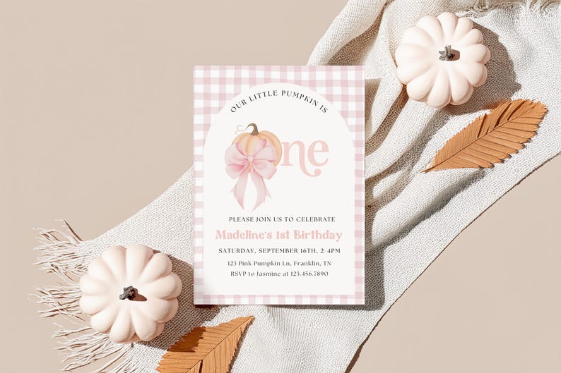 Pink Bow Our little pumpkin Invite, Our little pumpkin is turning one, fall first birthday girl, gingham autumn 1st party invitation Plaid image 3