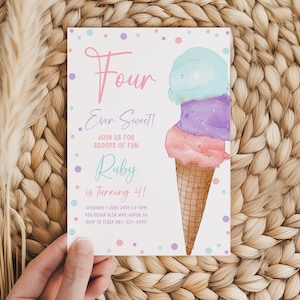 Fourever sweet 4th Birthday Invitation, Here&#39;s the scoop, Pink Purple Icecream, Ice Cream Summer Party Invite sprinkles Fourth scoops fun