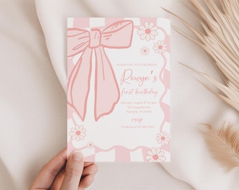 Bow First Birthday Invitation, Girls Just wanna be one 1st Invite, First Birthday, 1st Girl Pink Coquette one year Daisies groovy retro