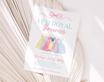 Her royal threeness Watercolor Princess Birthday Invitation, Royal Pink Dress up Party Invite Instant Tiara Crowns Dresses three-ness