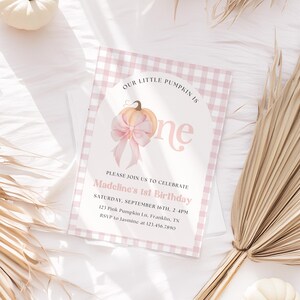 Pink Bow Our little pumpkin Invite, Our little pumpkin is turning one, fall first birthday girl, gingham autumn 1st party invitation Plaid image 1
