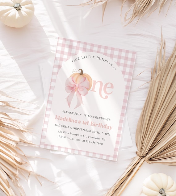 Pink Bow Our little pumpkin Invite, Our little pumpkin is turning one, fall first birthday girl, gingham autumn 1st party invitation Plaid