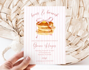 Bows and Brunch Baby Shower Invitation, Pancakes pink girl sprinkle breakfast foods Summer Party Invite neutral one on way stripe vintage
