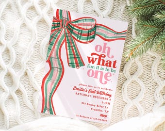 Oh What Fun it is to be ONE Christmas Party Invitation, Holiday December First Birthday Invite, Coquette Bow Girl Birthday, Santa Tree 1st