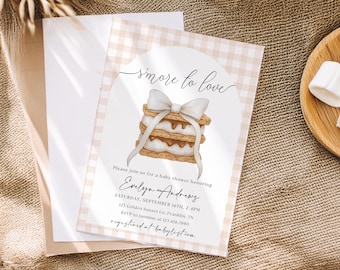 S'mores Baby Shower Invitation Gender Neutral Coed Bonfire Sprinkle Invite, Smore to Love Camping Party Fall Campfire Gingham, Bow Boy Girl