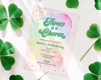 Three is a Charm Birthday Invitation, Lucky St Patrick invite, 3rd Rainbow Shamrock Instant St Patty's 4 leaf clover charms