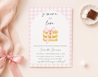 Girl S'mores Baby Shower Invitation Bonfire Sprinkle Invite, Smore to Love Pink Backyard Camping Party Fall Campfire Gingham, Bow baby