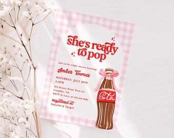 Pink girl She's Ready to Pop Baby Shower Invite, Soda Pop Theme Party Invitations, Gingham Plaid, Red Retro Vintage, Cola Girly