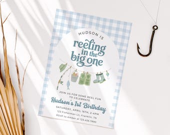 Blue Reeling in the big One Birthday Invite, Boy 1st party invitation, First fisher fisherman clothesline fishing pole O-Fish-Ally One