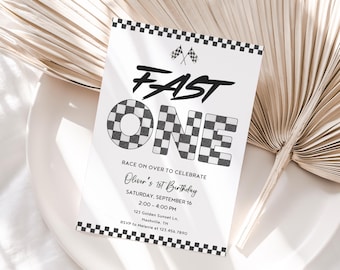 Fast ONE Birthday Invitation Race Car 1st Birthday Invite Racing Car Vintage Racecar Printable Template Instant Download black checkered