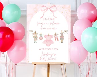Pink Nutcracker Ballet Baby Shower Welcome sign, December Christmas Tutu Printable Little Sugar Plum on way Dress Decor decorations poster
