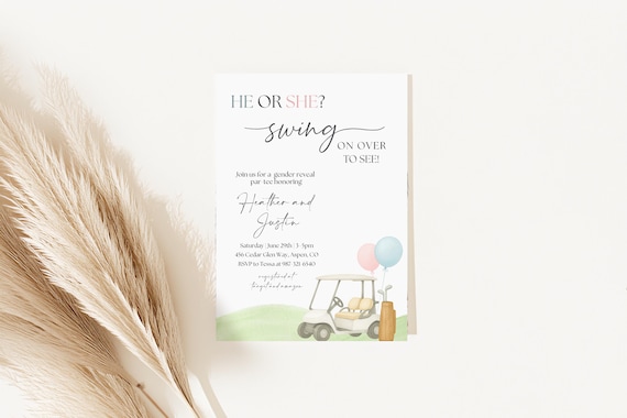 Golf Gender Reveal Invite, Gender Par-Tee Invitation Golfing Coed Little Putter He Or She Boy Girl, Summer fall fore pearls blue pink Coed