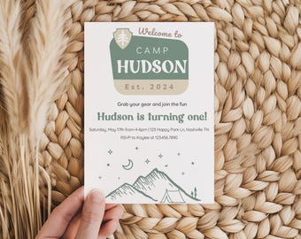 Welcome to camp ONE happy camper invitation, boy 1st birthday party camping adventure, first national park invite one year old tent S'more