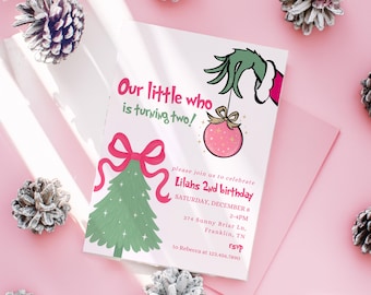 Invito di Natale "Indovina chi compie due anni", modello di invito per bambina di 2 anni, stampabile, modificabile, download digitale istantaneo, modello di invito per festa di 2° compleanno, rosa