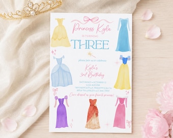 Princess party invite, all ages 2nd 3rd 4th 5th 6th Her royal threeness Birthday Invitation, Royal Dress up Party Invite, Watercolor dresses