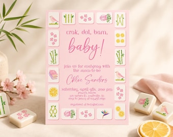Mahjong Baby Shower Invitation, Girls Night Editable Canva Invite Bams, Cracks, Dots Tiles Digital Download invite game night sprinkle