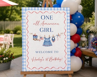 One All American Girl welcome sign, girls 1st birthday, 4th of July, USA red white and blue America firecracker