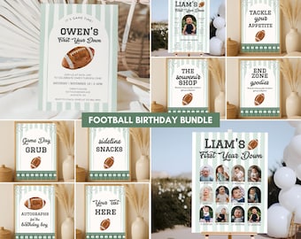 First Year Down Birthday Invitation, Football First Invite, Boy 1st Game On, Sage green Ticket, Milestone Photo Board Decor Food Signs Retro