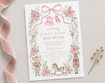 Pink Nutcracker Ballet Baby Shower Invitation Winter Tutu, Invite Boho Christmas Digital Download Printable Little Sugar Plum Sugarplum