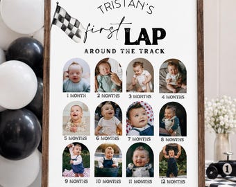 First lap around the track Milestone Sign, Birthday Poster decor, Race Car 1st Racing Car Vintage Racecar, Fast one Monthly photos pictures
