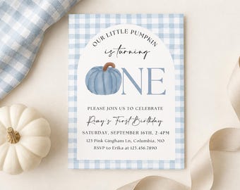 Blue Our little pumpkin is one invite, Boy fall first birthday invitation, gingham autumn 1st party Instant download, printable
