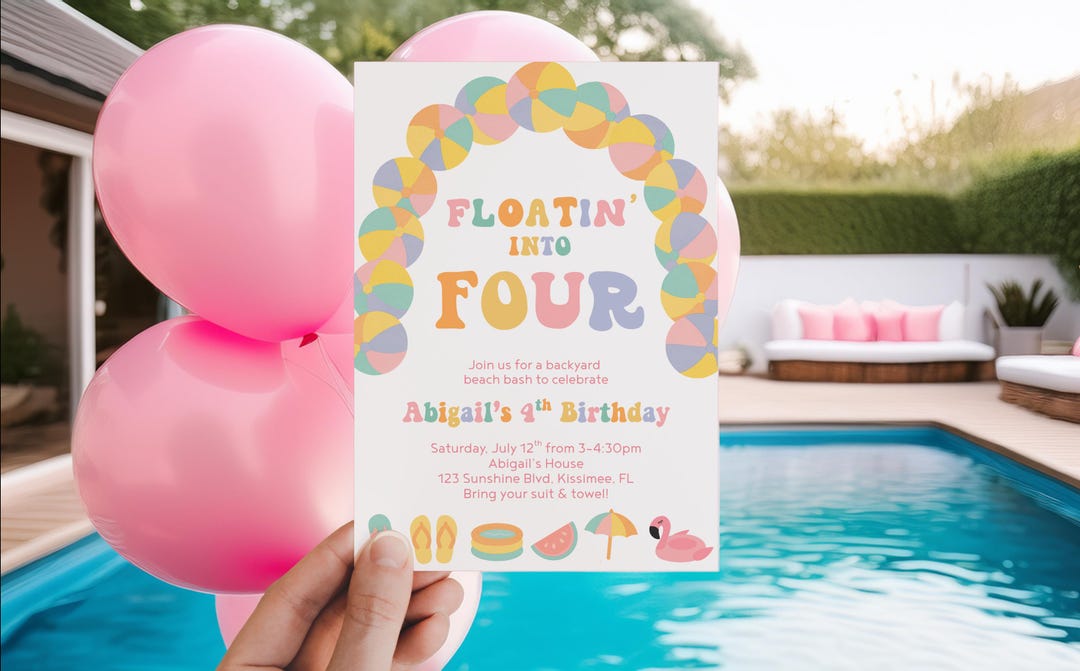 Floating Invite Float Into Four Pool Party Invite, Girl Retro Summer Beach Ball ...