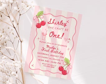 Shirley temple First Birthday Invitation, shirley she can't be turning one 1st Printable, Pink Girl Bow Cherries cherry on top