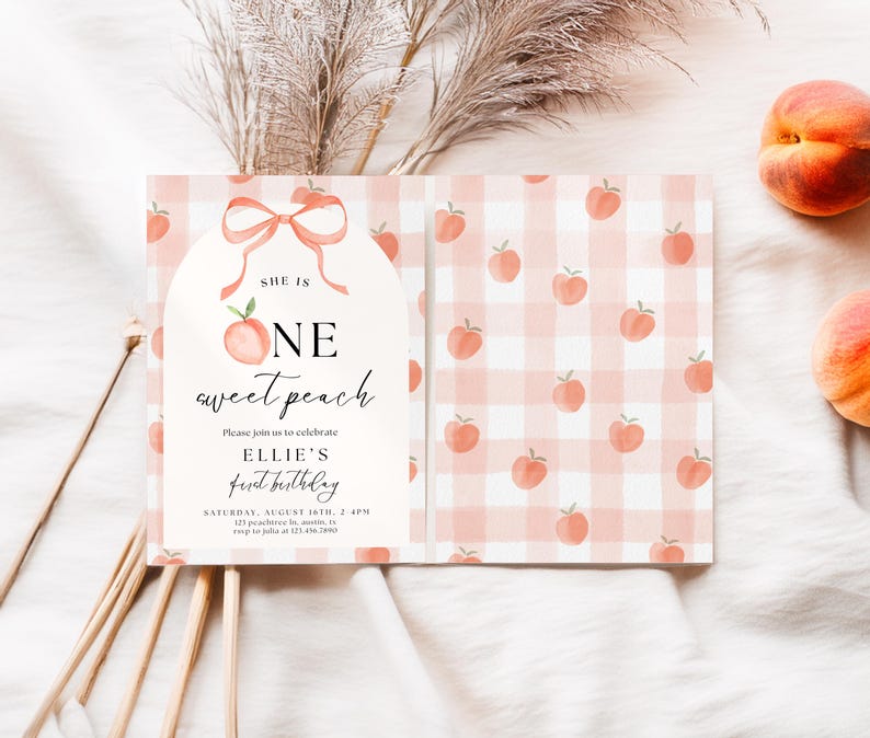 May include: A two-page invitation with a peach theme. The left page has a peach and bow illustration with the text "SHE IS ONE sweet peach." The right page has a pink and white gingham pattern with peach illustrations. The invitation is for Ellie's first birthday.