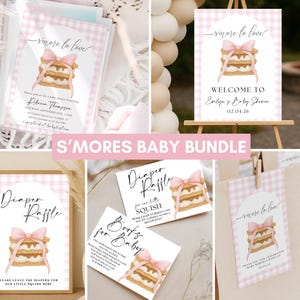 May include: A baby shower bundle featuring a pink and white gingham pattern. The bundle includes invitations, welcome signs, diaper raffle cards, and favor tags. Each item has a watercolor illustration of a s'more with a pink bow and the text "smore to love".