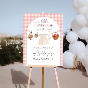 Apple Baby Shower Welcome Sign, The Apple of Our Eye Baby Shower Decor, Homegrown Autumn, Fall Gingham Girl Honeycrisp Pink Red Poster