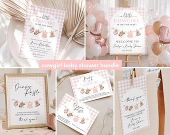 May include: A cowgirl baby shower bundle featuring printed cards and signs with a light pink gingham pattern. The designs include a clothesline graphic with a hat, boots, and dress, and text reading A little cowgirl is on the way, Diaper Raffle, and thank you.