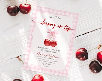 Cherry on Top Baby Shower Invitation for Girl | Pink Cherry Baby Shower Invite | Gingham Bow Baby Shower Template