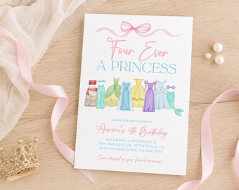 Four ever a princess Birthday Invitation, Royal Pink Dress, Dress up Party, watercolor Invite four-ever Tiara Crowns Dresses Costume Pink