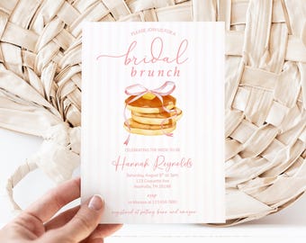 Bridal Brunch Shower Invitation, Bows Pancakes pink stripes breakfast foods Summer Party Invite vintage bride to be stripe Coquette waffle