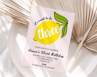 Sweet to be Three Invite, Easy Peasy Lemon Three-zy, Pink Lemonade third Birthday Invitation, Girl 3rd Invite Template, summer party berry
