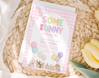 Somebunny is two invite, Hop TWO it Birthday party, Rabbit Tutu 2nd Birthday Invitation, Pink Gingham Easter Template  Pastel watercolor