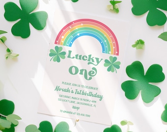 Rainbow Lucky one Invite, First Birthday St Patrick's Day, 1st Clipart Retro Lucky, four leaf clover 4 leaf charms invitation marshmallows