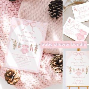 May include: A baby shower bundle with a pink theme. The invitation and welcome sign feature the text "A Little Sugar Plum Is On The Way." The design includes illustrations of a dress, ballet shoes, and a mouse. Additional cards are included.