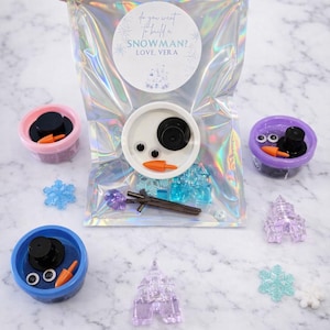 Pu&ograve; includere: Una busta trasparente con un kit per costruire un pupazzo di neve. Il kit include un cerchio bianco con parti del viso del pupazzo di neve, piccoli castelli di plastica, fiocchi di neve e contenitori con accessori per pupazzi di neve. La busta ha il testo "Do you want to build a snowman? Love, Vera."