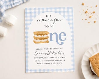 S'mores Birthday Invitation Bonfire Birthday Invite, Smore Fun to be One Backyard Camping Fall Camp Campfire 1st First One Happy Camper Blue