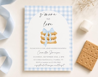 S'mores Baby Shower Invitation Boy, Blue Bonfire Sprinkle Invite, Smore to Love Camping Party Fall Campfire Gingham, Bow Boy Autumn