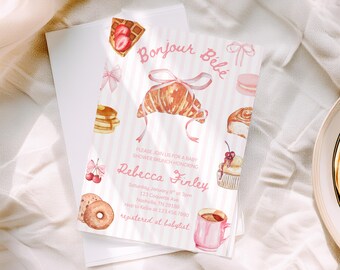 Bonjour Bebe Baby Shower Invite, French Shower Invitation Template Themed Hand Drawn Baby Paris Baby Shower cafe Eiffel Tower croissant