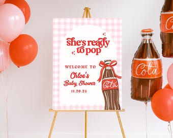 She's Ready to Pop Baby Shower welcome sign, poster decor Party Soda, Cola Boy Girl Bow Theme Party, Pink and red decorations