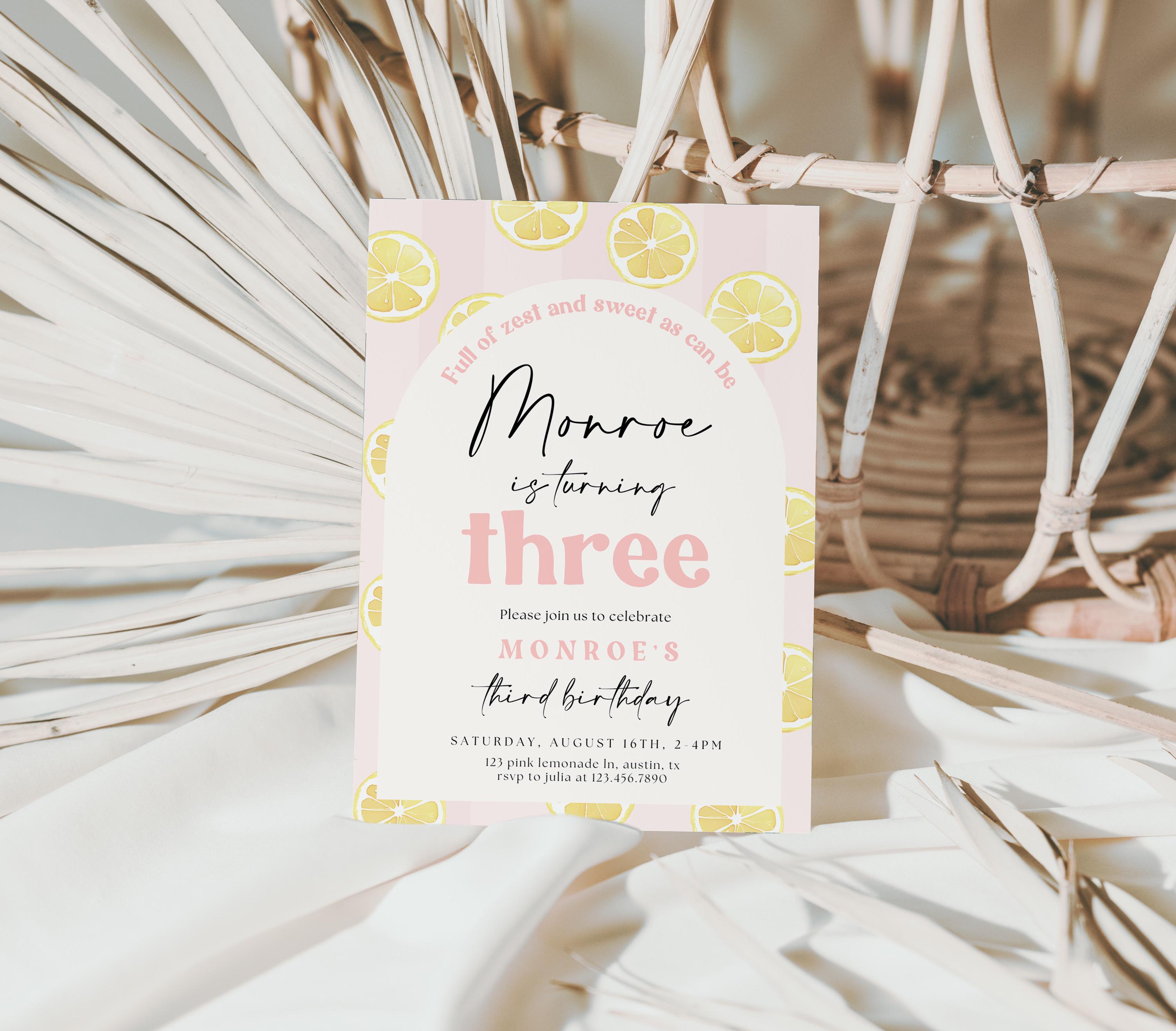Pink Lemonade 3rd Birthday Invitation, Strawberry Third Invite, zest sweet girl, Sunshine fun Summer Backyard party pool lemonade stand