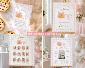 Cutie Pie First Birthday Invitation Bundle, Sweetie 1st Printable, Fall Birthday, Autumn Invite Thanksgiving Party One Pink Girl Bow Gingham