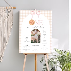 Puede incluir: Un póster de hito de cumpleaños con estampado de cuadros beige y blanco con un lazo rosa y un gráfico de pastel. El póster incluye el texto "ONE" y "Remi's 1st Birthday", junto con una foto y otros detalles.