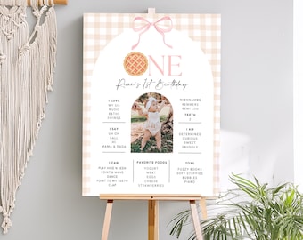 Cutie Pie First Birthday Stats Sign, Milestone Sweetie Pie 1st Decor, Fall Autumn Party One Pink Girl Decorations Poster board photo teeth