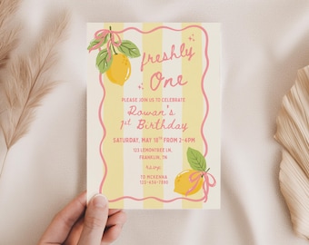 Freshly One 1st Birthday Invitation Pink Lemonade Theme Lemon First Birthday Girl Editable Template, Girls bow fresh lemonade party