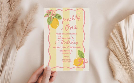 Freshly One 1st Birthday Invitation Pink Lemonade Theme Lemon First Birthday Girl Editable Template, Girls bow fresh lemonade party